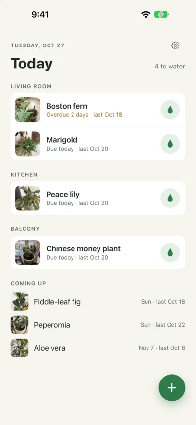 Today screen listing plants by room: Boston fern overdue, Marigold and Peace lily due today